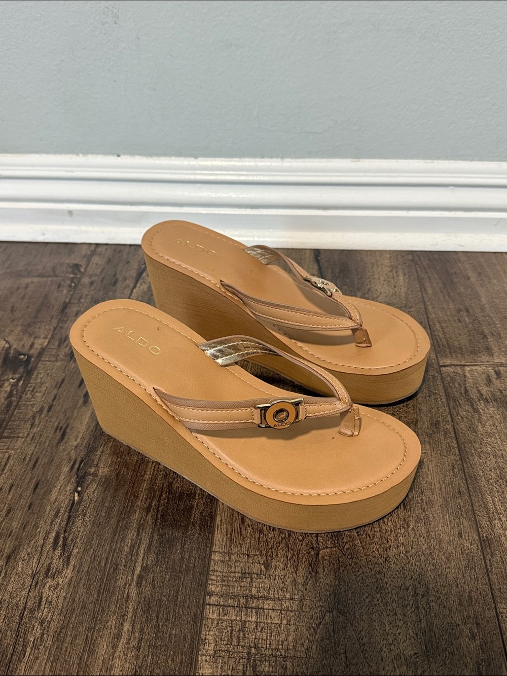 ALDO Tan Platform Wedge Thong Sandals with Metallic Accent